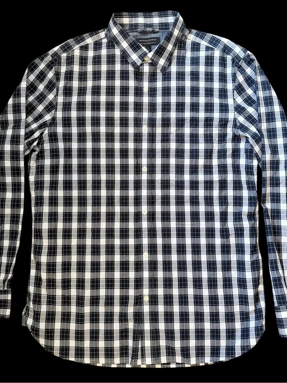 Banana Republic Slim Fit Plaid Button Up Shirt Men’s L Soft Wash Gray Blue White
